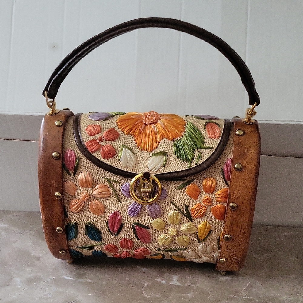 Floral Embroidered Shoulder Bag with Brown Trim